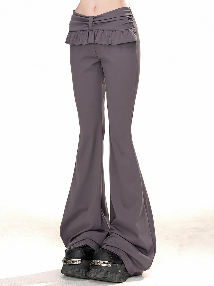 Grey Ruffled Trim Slim Fit Flare Pants