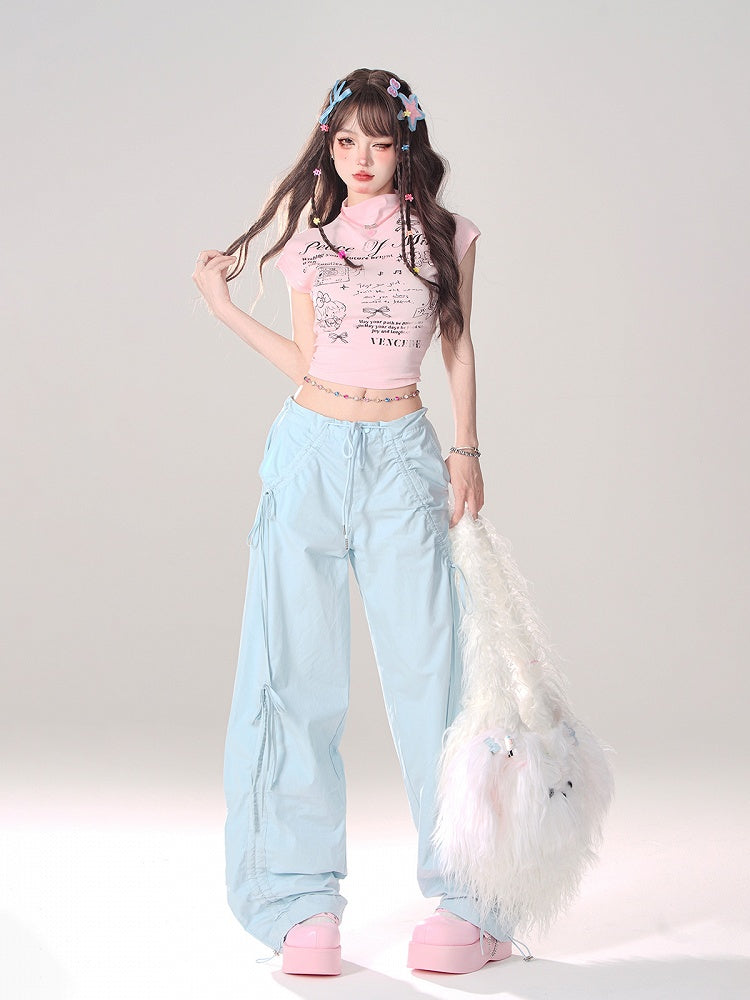 Blue Low Waist Wide-Leg Pants with Asymmetrical Drawstring Bows