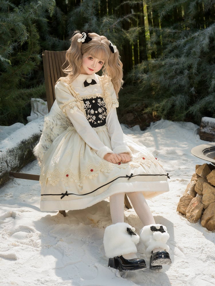 and Neckline Beige Long Sleeves Cuffs Lolita Floral Plush Dress Bodice Embroidery