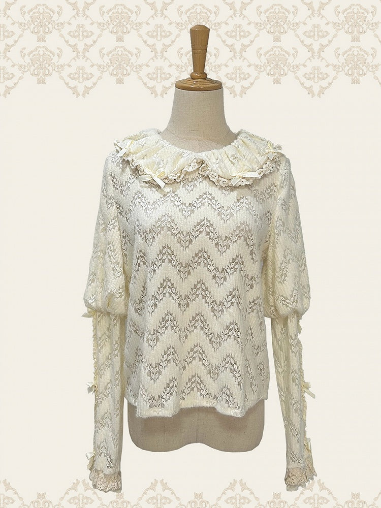 Long Peter Creamy Knitted Sleeves Pan Top Collar