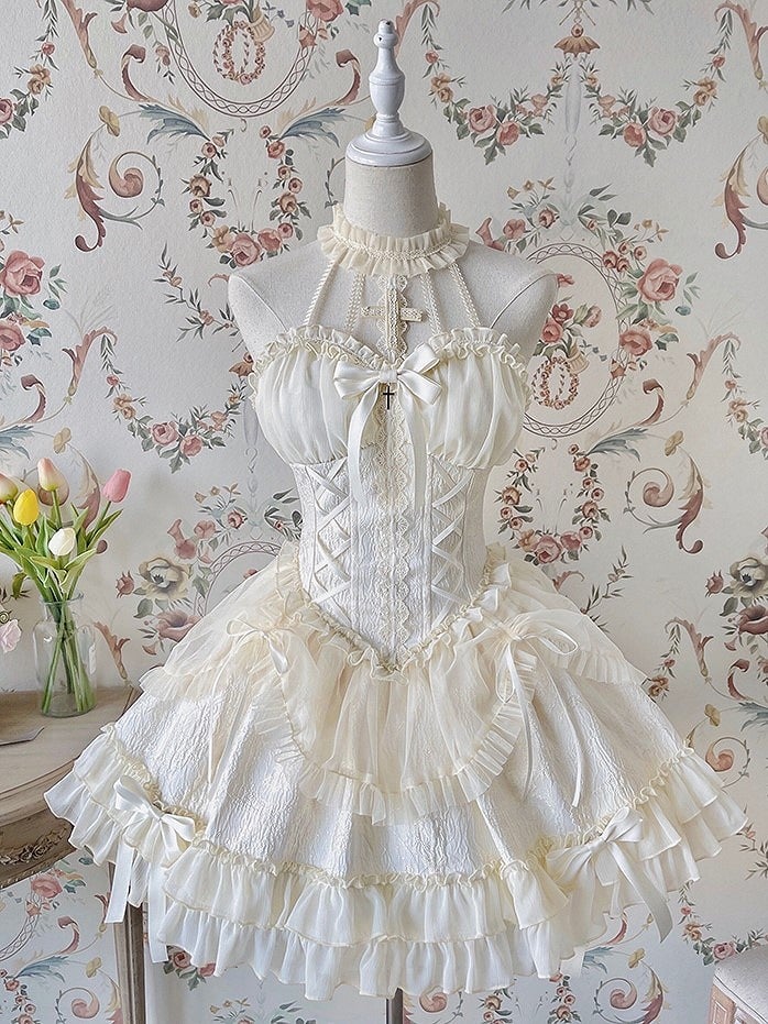 Neck Balletcore Corset Lolita Dress Pink Belle JSK Halter Cross