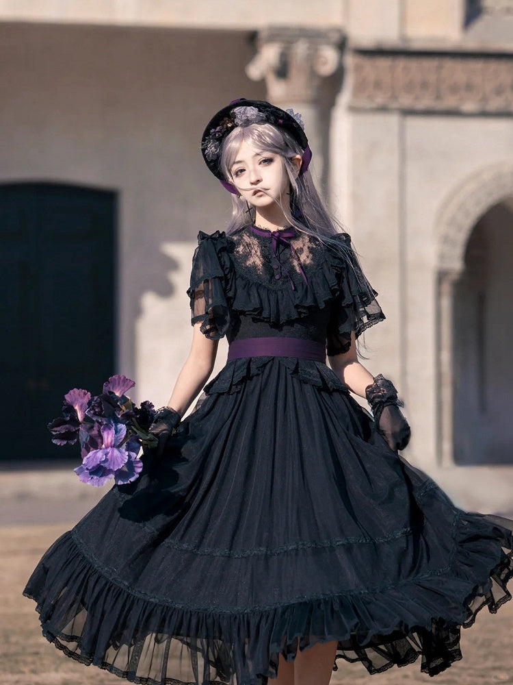 Lolita Butterfly Belt Black Dress Waist Elegant Classic with Sleeves Illusion Neckline Purple Edward