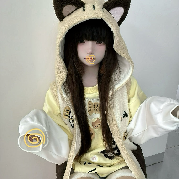 Cozy Khaki Kitty Ear Hood Fleece Vest with Taiyaki and Cat Embroidery Adorable Cat Pockets