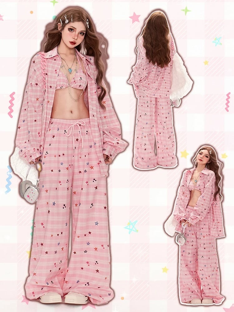 ヴィンテージチェックシャツ柄 ピンクスター