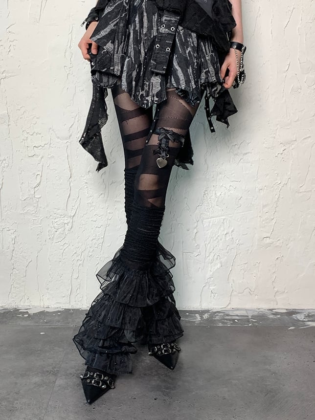 Leg Multiple Black Layers Trim Lace Sleeves Y2K