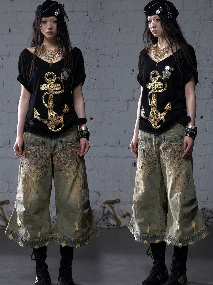 Angel Blue/Yellow Faded Wash Distressed Holes