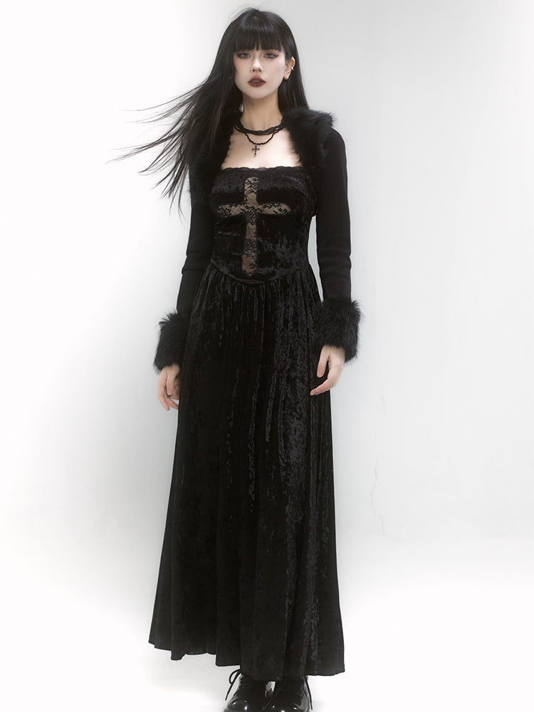 Gothic-Kreuzkleid aus schwarzem Samt mit quadratischem Ausschnitt und Spitze