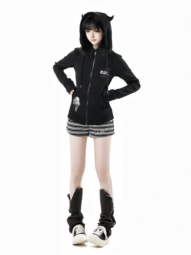 Long Sleeves Top Zip Closure Black/White Devil Horn Design Hood