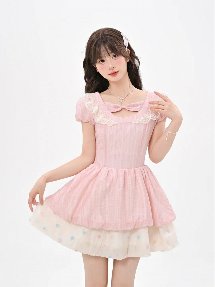 Pink Bowknot Detail Neckline Tiered Skirt Hem Sweet Dress Colorful Polka Dot