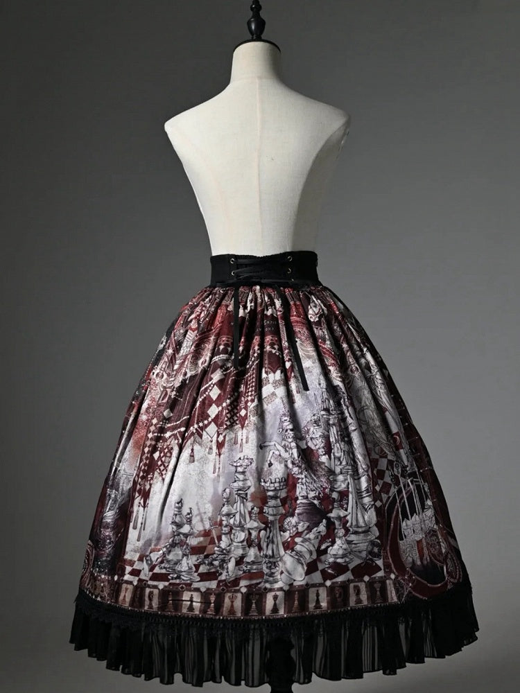 Waist Red Corset Chess Skirt Belt Print Theme Lolita