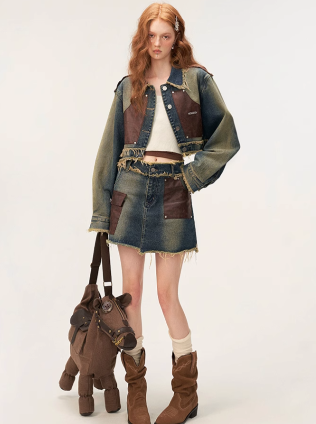Veste en jean Osh Denim + Jupe Patchwork Cuir Court Rétro