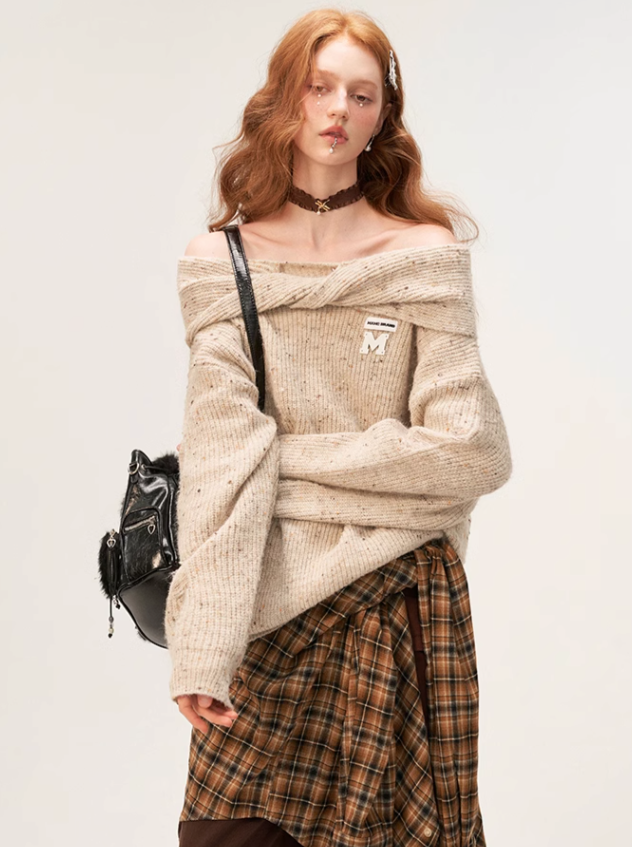 Off-the-Shoulder Strick Lose Beschädigt