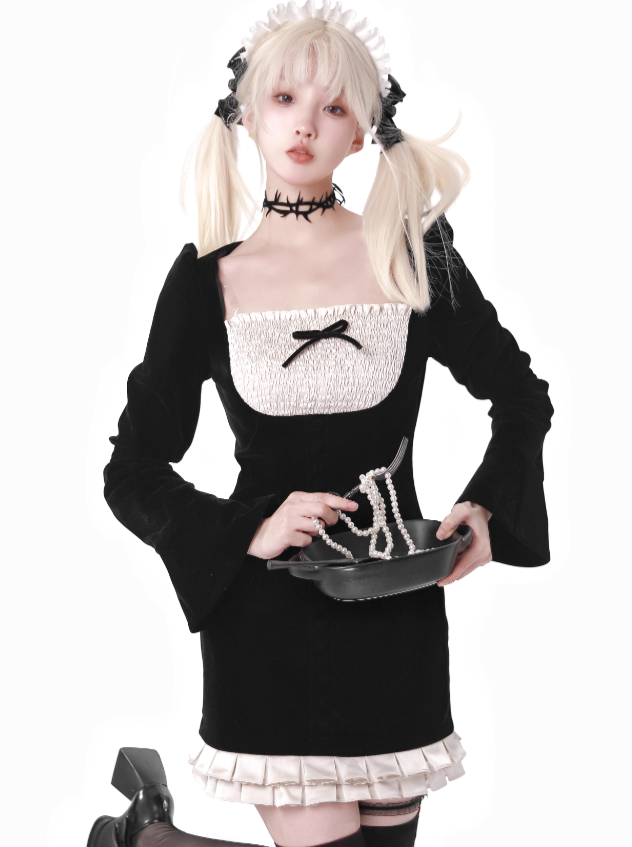 Hip Dress Classic Square Maid Velvet Neck Apron