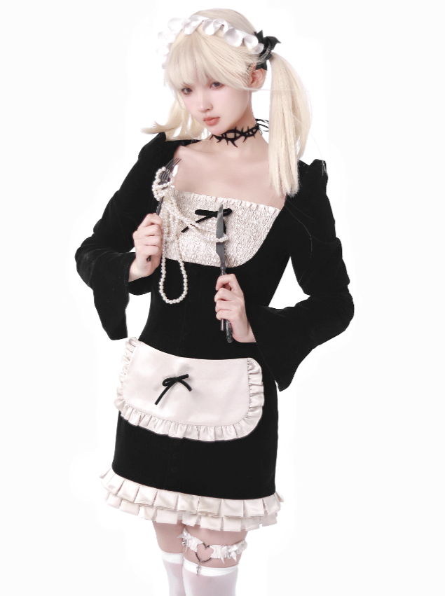 Hip Dress Classic Square Maid Velvet Neck Apron