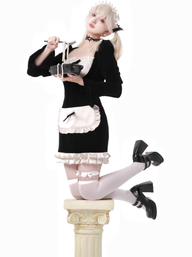 Hip Dress Classic Square Maid Velvet Neck Apron