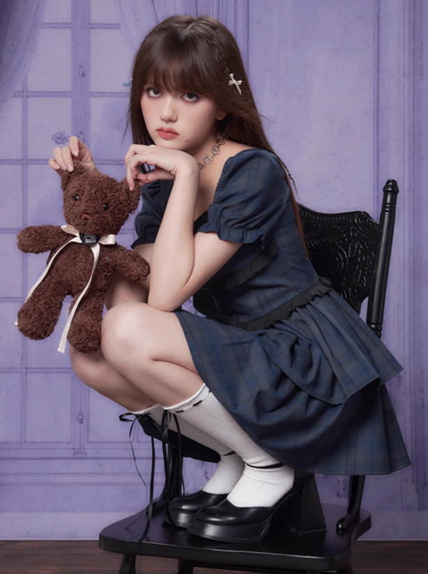 Sleeve Dress Shorts Check Puff