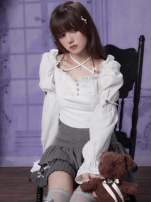 French Girl-Fighting Square Pure Blouse White