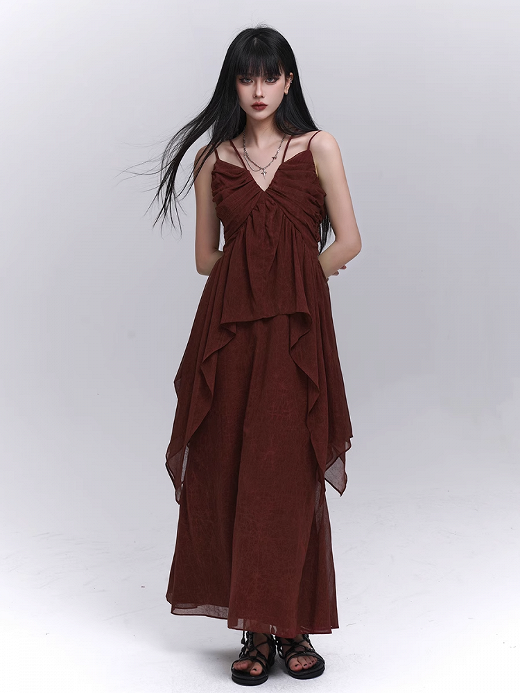 Waist Ankle Length Skirt Dark Red Elastic