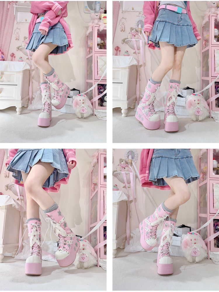 mit wadenlangen, sternförmigen Applikationen im Schnürstil, rosa, klobige, glänzende Gyaru-Plateaustiefel