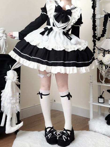 Sailor with Collar Ears Dress Apron Lolita Sleeves White Bunny Short Black Maid