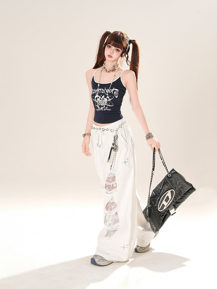 White Drawstring Waist Distressed Holes Wide-Leg Jeans