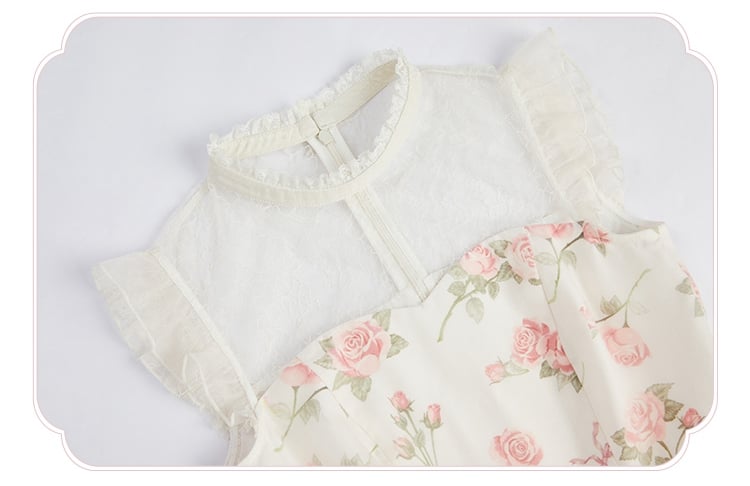 Dress Pink Print Rosette White Illusion Lolita Summer Neckline