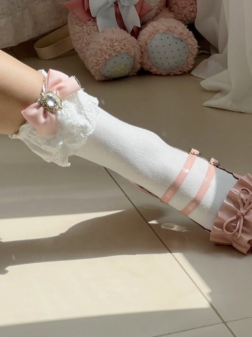 White Calf Ruffled Jirai Cuff Kei Bowknot Pink/Blue/Purple/White/Black/Beige Socks With Details