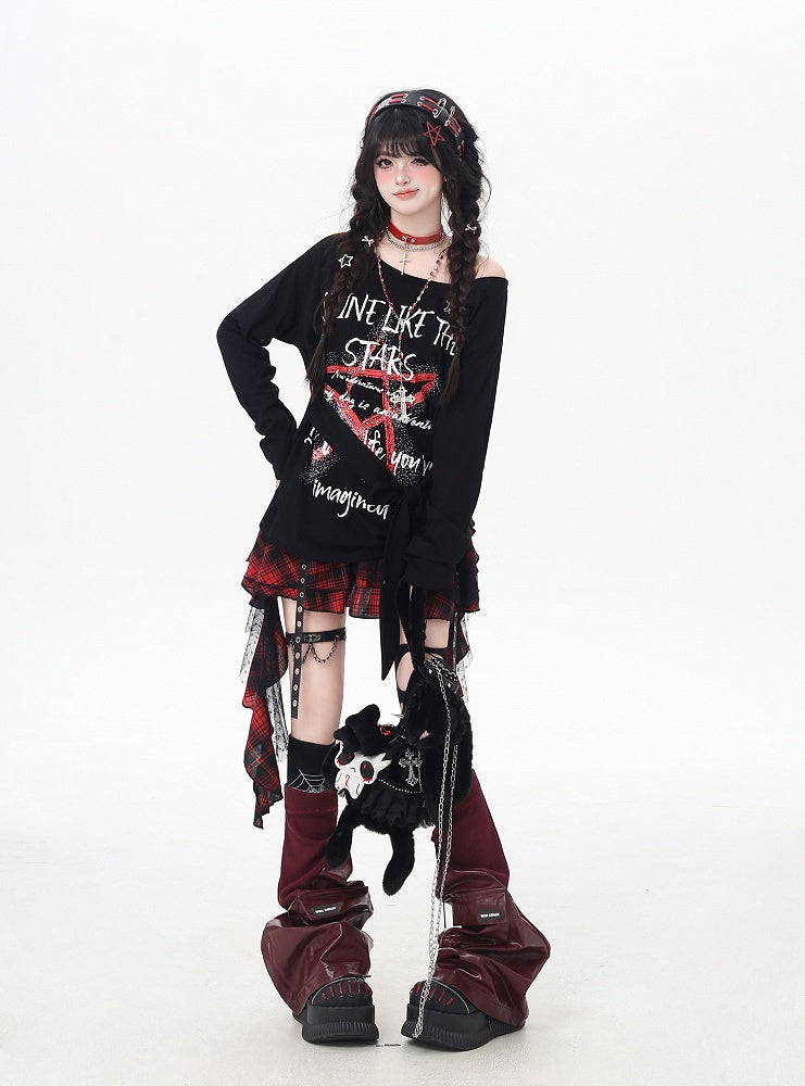Top Schwarz Asymmetrischer Ausschnitt Star Graffiti Print Lose