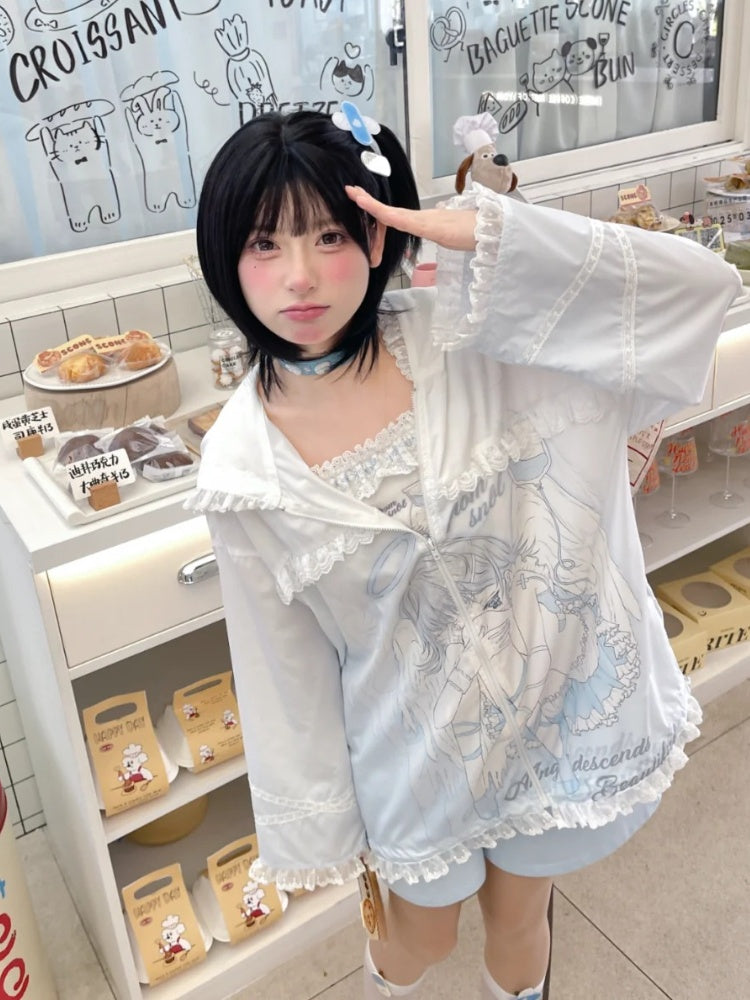 Sonnenschutz mit Kapuze, blau-weiß, Anime-Mädchen-Print, gekräuselter Saum, Jacke, Spitze