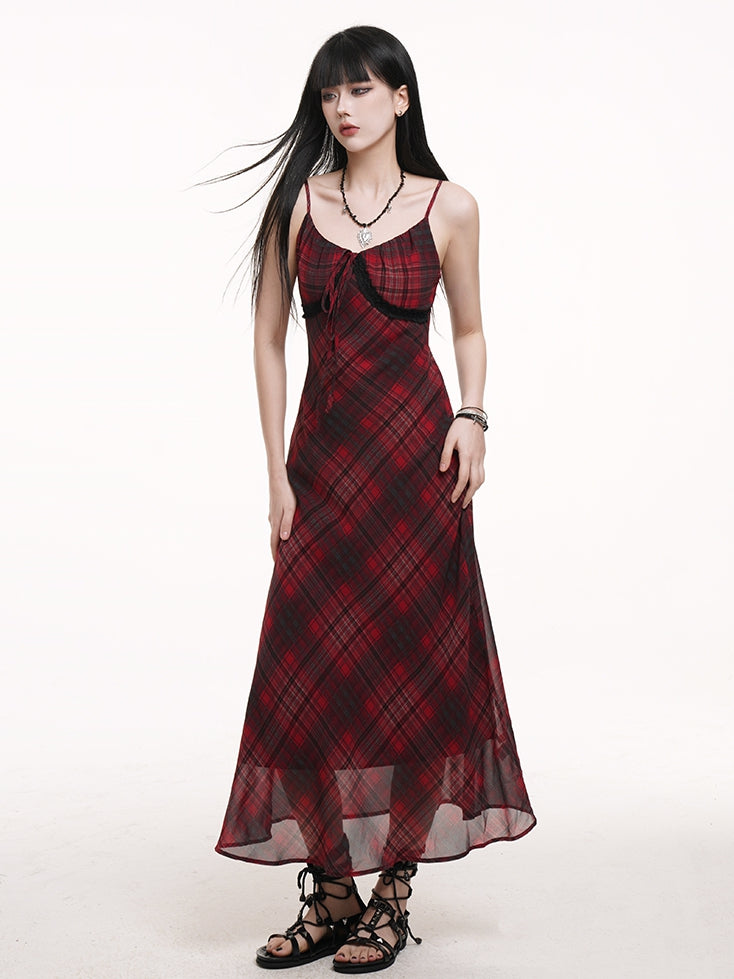 Self-tie Strap Neckline Cami Dress Red Black Plaid V-neck