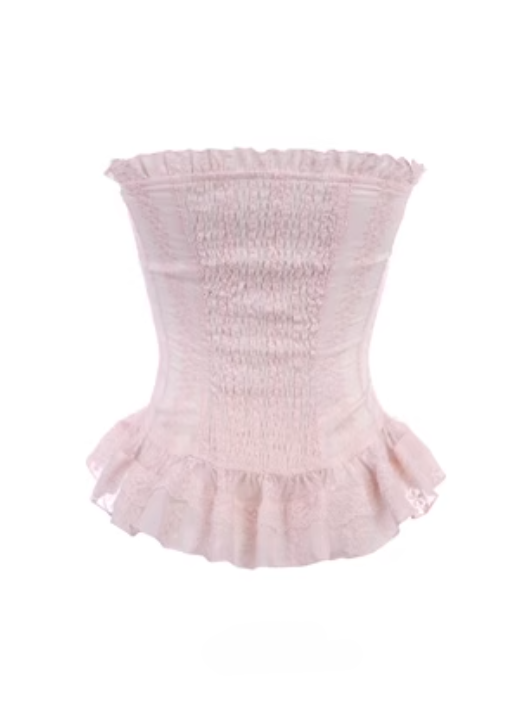 Ruffled Detachable Bow Lace Bustier Corset With Floral Embroidery Pink