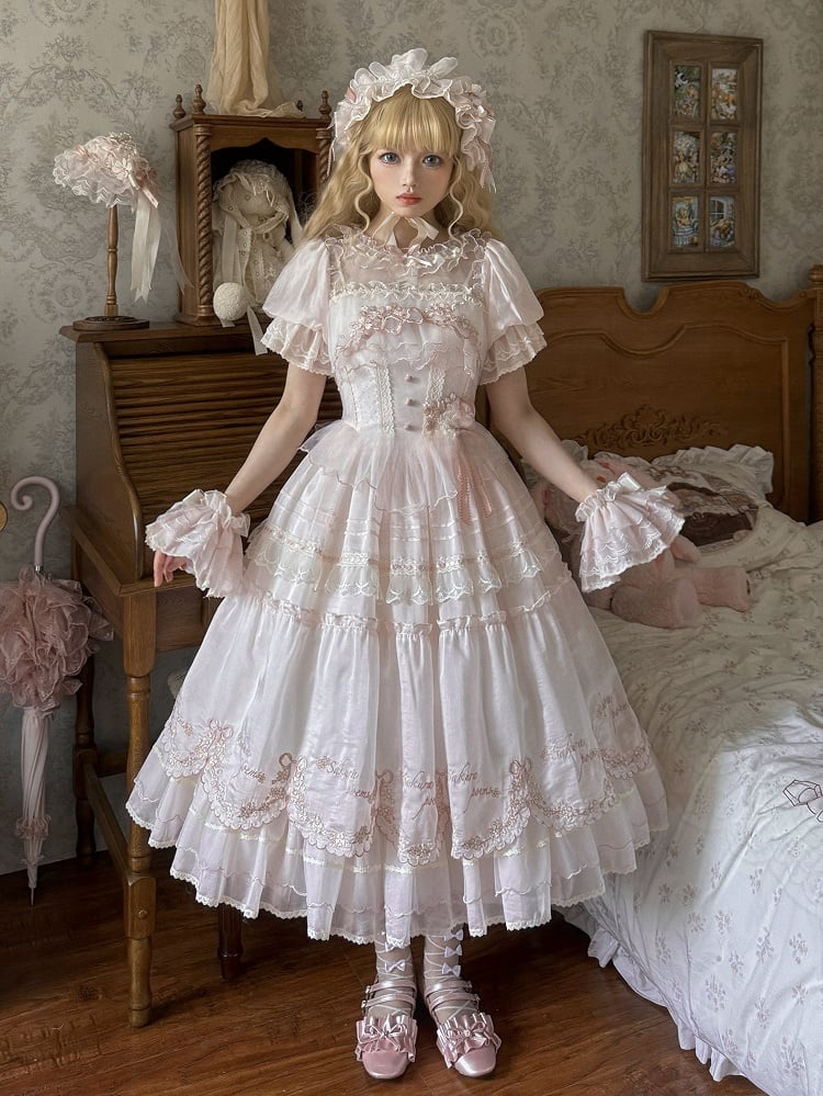 Lolita Sleeves Pink Short Dress Cherry Delicate Princess Blossom Embrodery