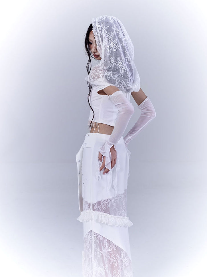 Hood Punk Hem Top with Cropped White Cutout Lace Shoulder Beaded Tassel
