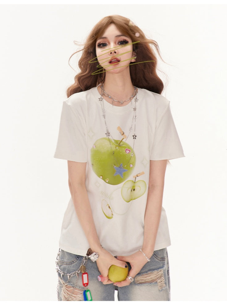 Embellished T-Shirt Green Apple Print White Round Neck Rhinestones