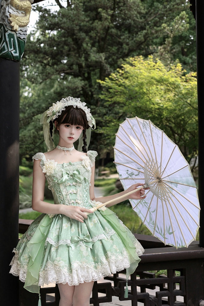 Green Top Frog Buttons Print Corset Skirt + and Jasmine-Embellished Floral Waist Lolita