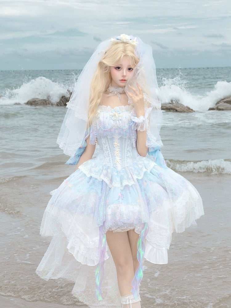 Wrist Head Veil Print Blue Choker + Fairy Dress JSK Ocean-themed Cuffs Lolita Corset