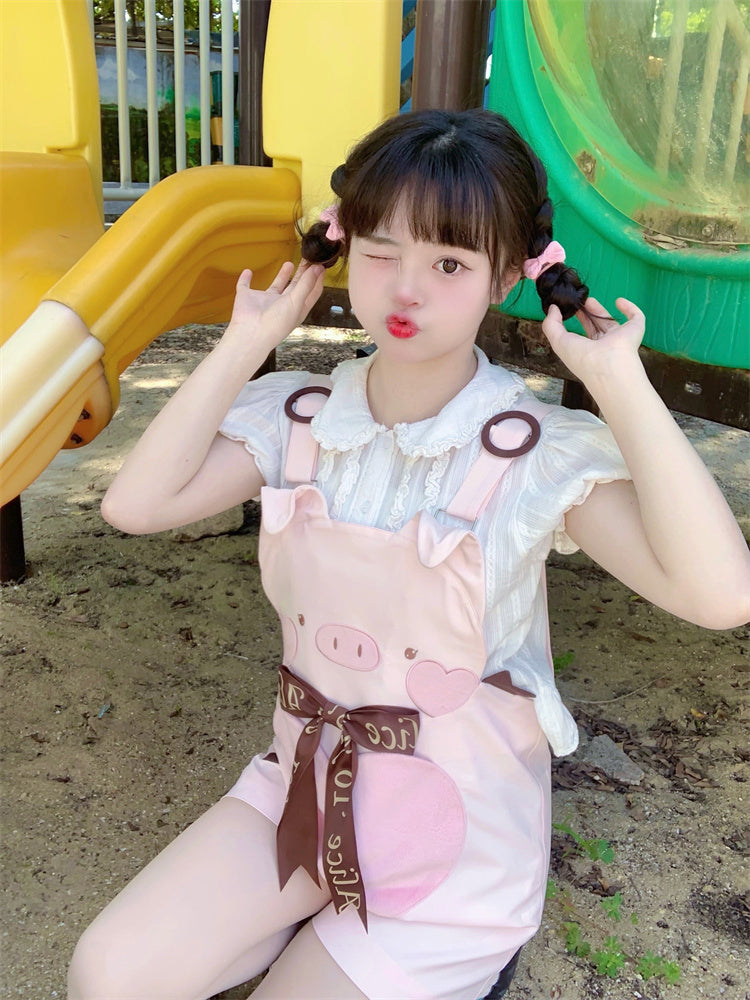 Adorable Piggy Pattern Bubble Shorts Overalls Pink