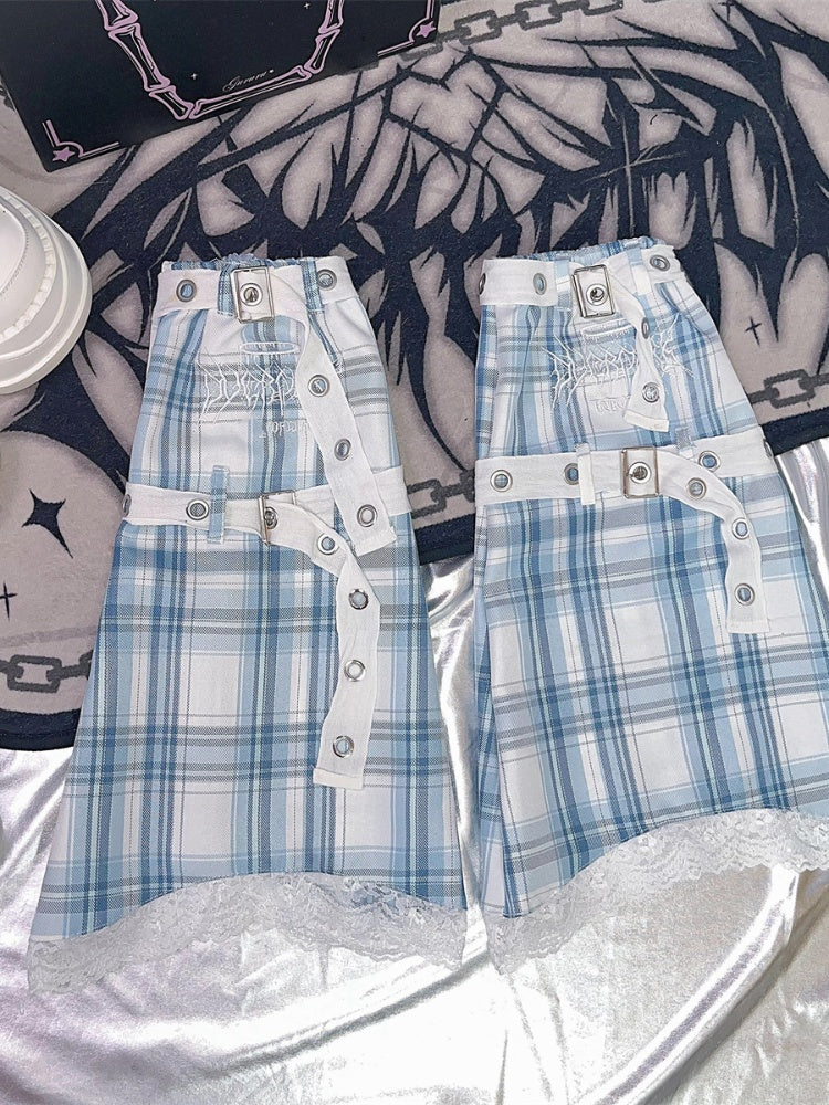 Schwarz-Weiß/Rosa/Blau/Schwarz-Grau karierte Beinwärmer mit Schnallenriemen