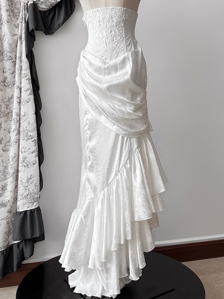High Waist Lolita Corset Mermaid Flounce Boned Hem Skirt Gothic Asymmetrical White Cascading