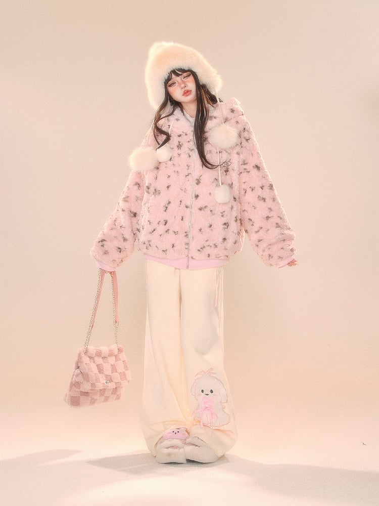 Beige Wide-Leg Pants with Pink Waistband and Embroidered Puppy Design