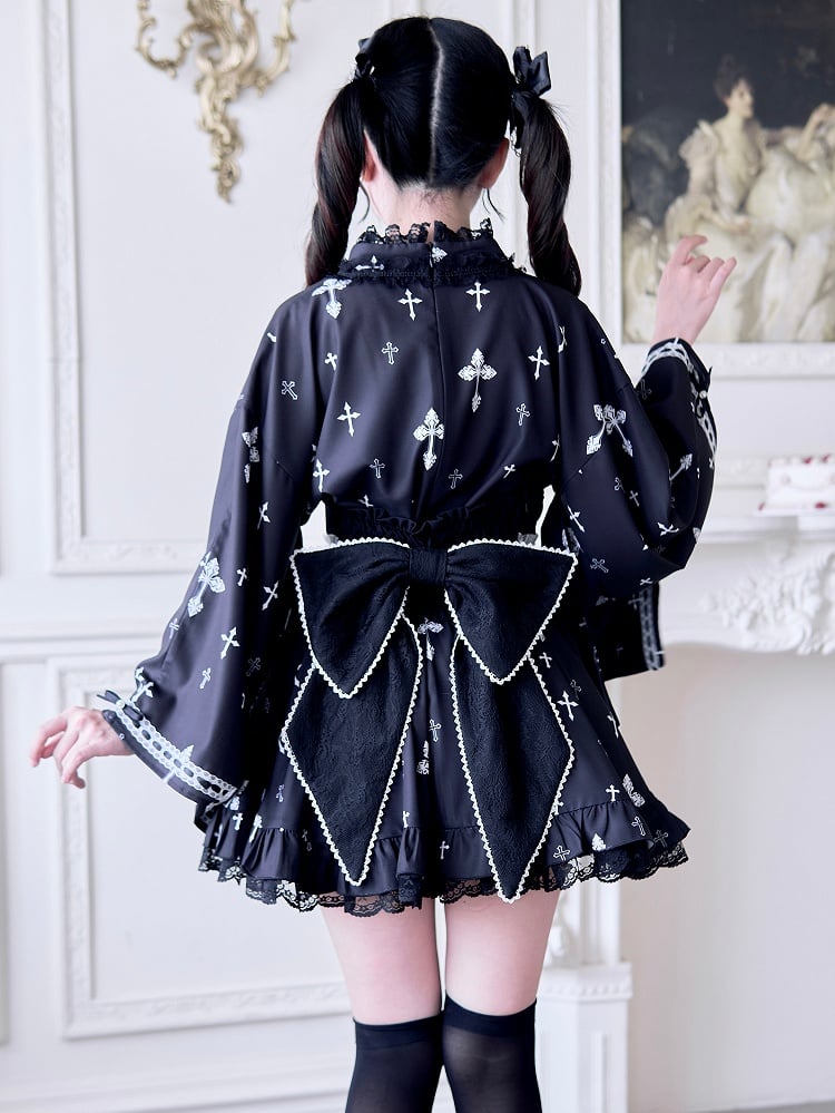 Belt and Back Big Black Hem Black/White with Corset Bow Ruffle