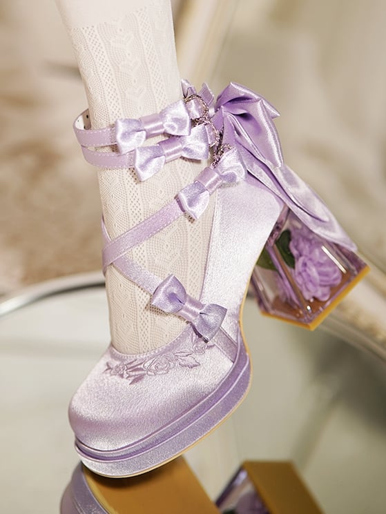 Elegant Camellia Flower Heel Purple Platform Block High Heels