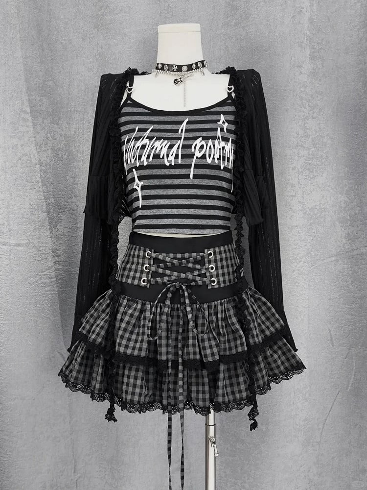 Self-tie Y2K Striped Cami Top with Black Cropped Coverup Set