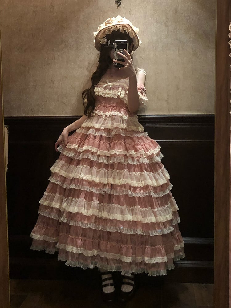 Sweet Dress Pink Adjustable Multi-Layered Ruffle with Lolita and Straps Goldfish Embroidery