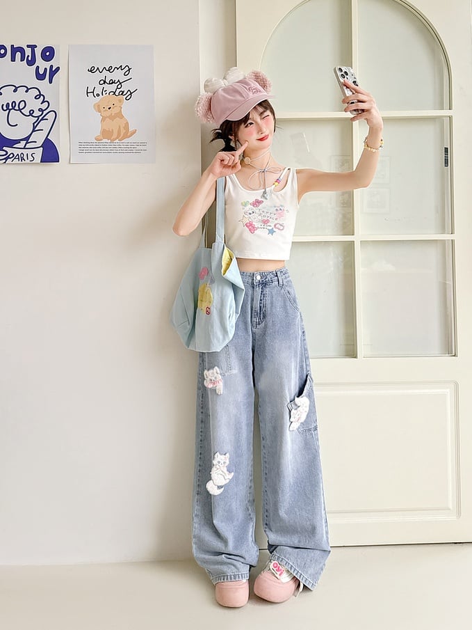with Detachable Kitty Appliques Blue Wide-Leg Jeans Short/Long Version