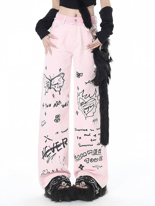Rosa Jeans mit weitem Bein und Graffiti-Design und hoher Taille