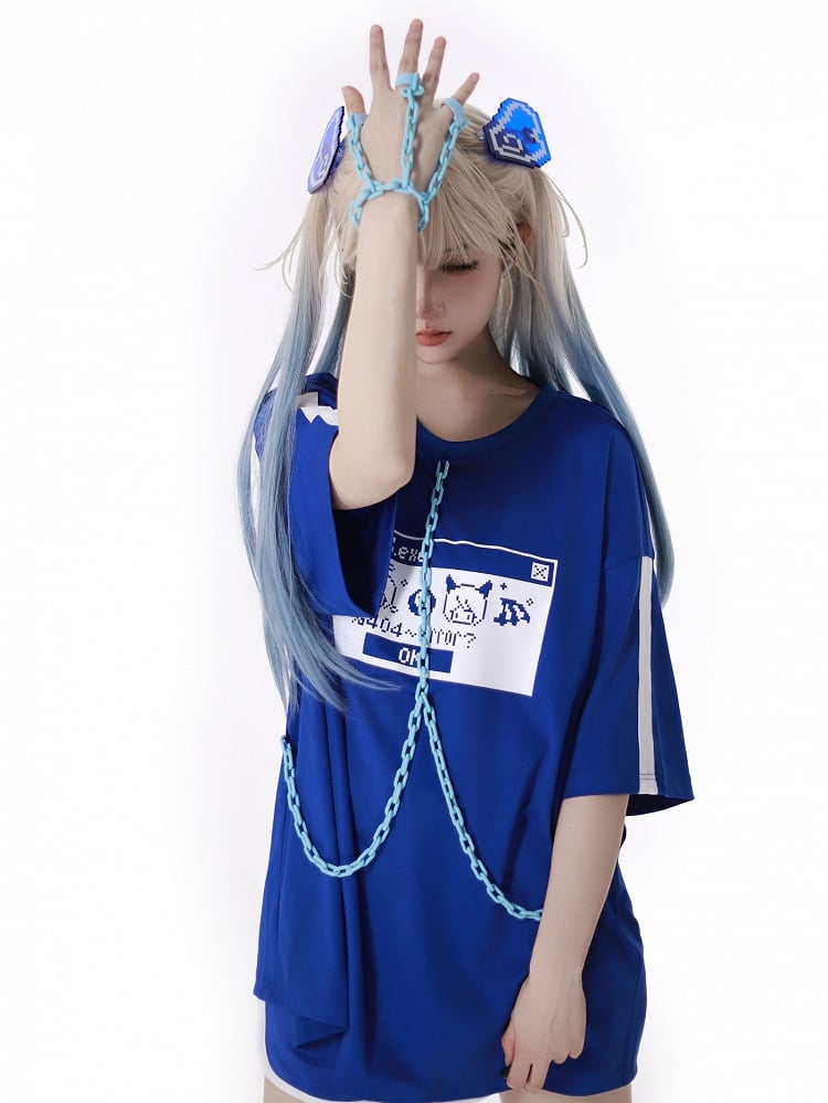 und Pixel-Charaktere Print Kettendesign Jirai Kei T-Shirt Blau Weiß mit Armband Ringfinger
