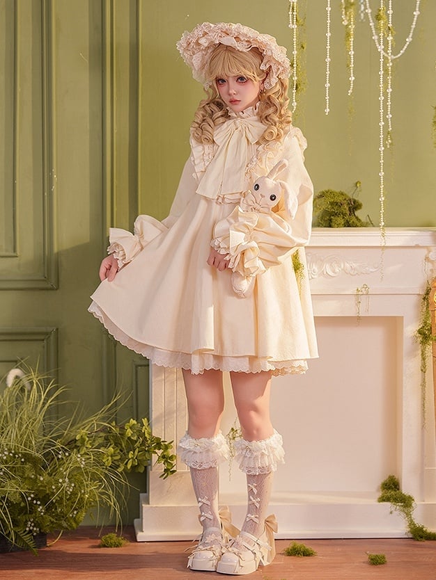 High Dress Bow Ruffled Sleeves Big Long Beige Sweet Cotton Lolita Neck