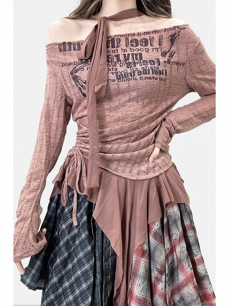+ Scarf Brown Letter Asymmetrical Top Pattern Print Millard Reddish Striped Fashion Hem