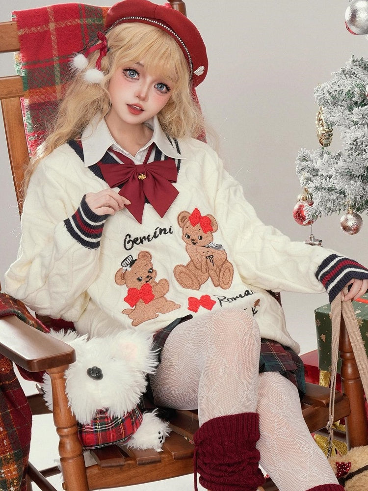 Weihnachtsmilchweißer Lebkuchenbär-Applikationen V-Ausschnitt Weicher Pullover